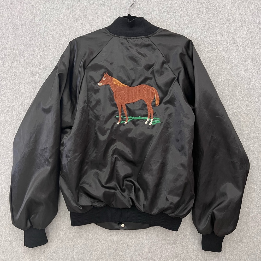 Vintage Bridgeport Mens L Black Satin Bomber Jacket Embroidered Horse Equestrian